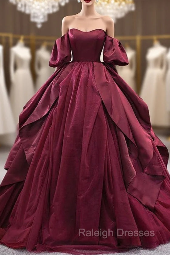 Burgundy Tulle Satin Puff Sleeve Prom Dress