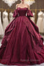 Burgundy Tulle Satin Puff Sleeve Prom Dress