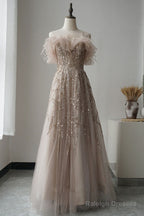 Burgundy Tulle Sequin Long Prom Dress, Burgundy Evening Dress