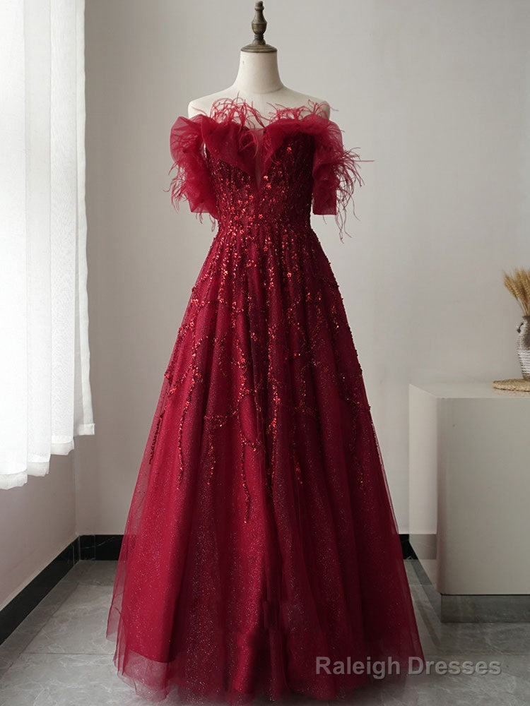 Burgundy Tulle Sequin Long Prom Dress, Burgundy Evening Dress Main image