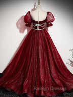 Burgundy Tulle Sequin Long Prom Dress, Burgundy Formal Evening Dresses