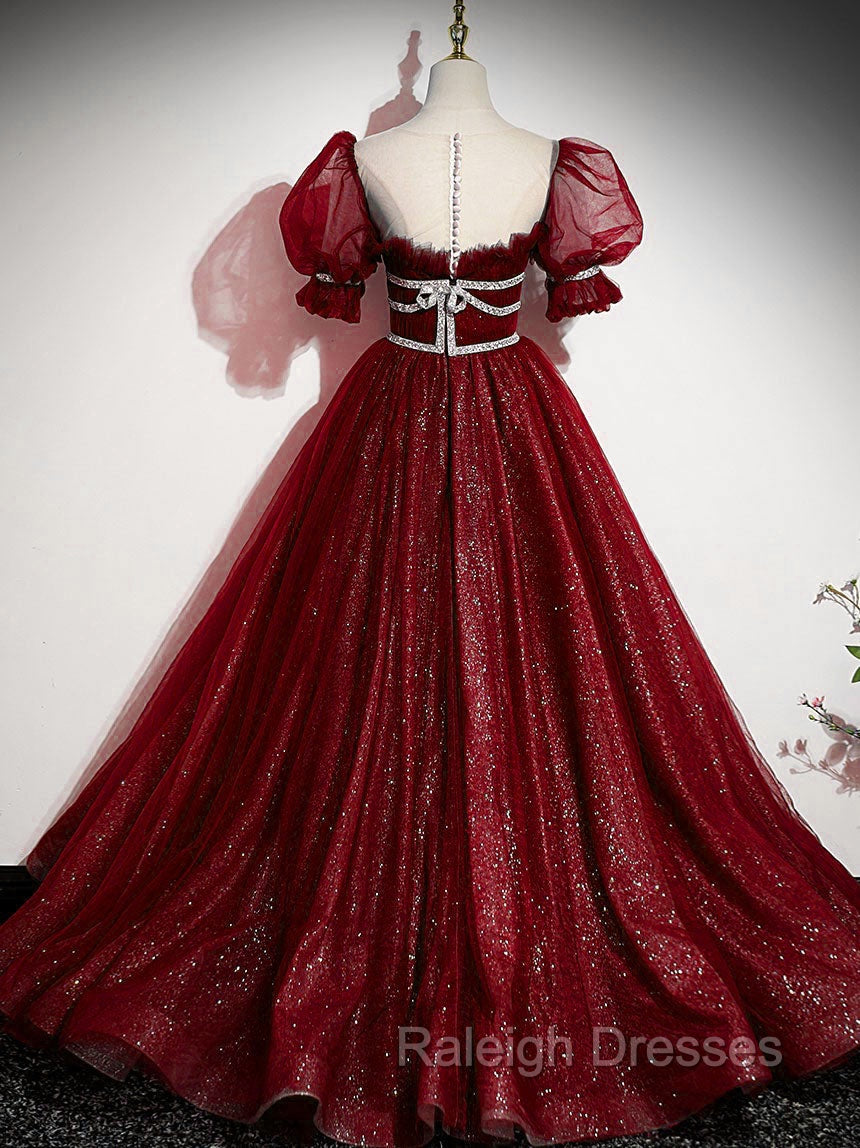 Burgundy Tulle Sequin Long Prom Dress, Burgundy Formal Evening Dresses