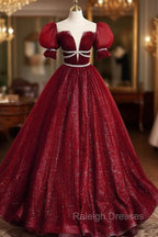 Burgundy Tulle Sequin Long Prom Dress, Burgundy Formal Evening Dresses