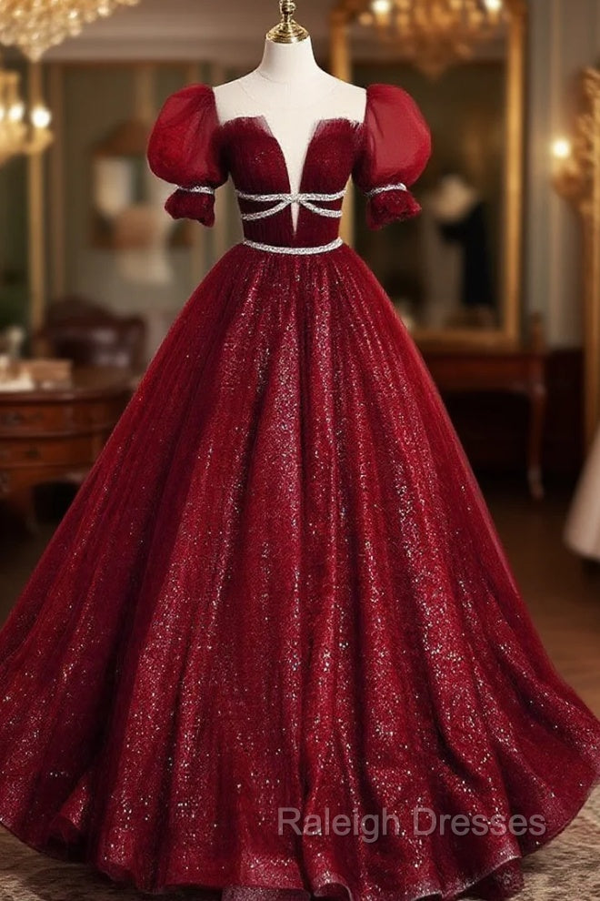 Burgundy Tulle Sequin Long Prom Dress, Burgundy Formal Evening Dresses