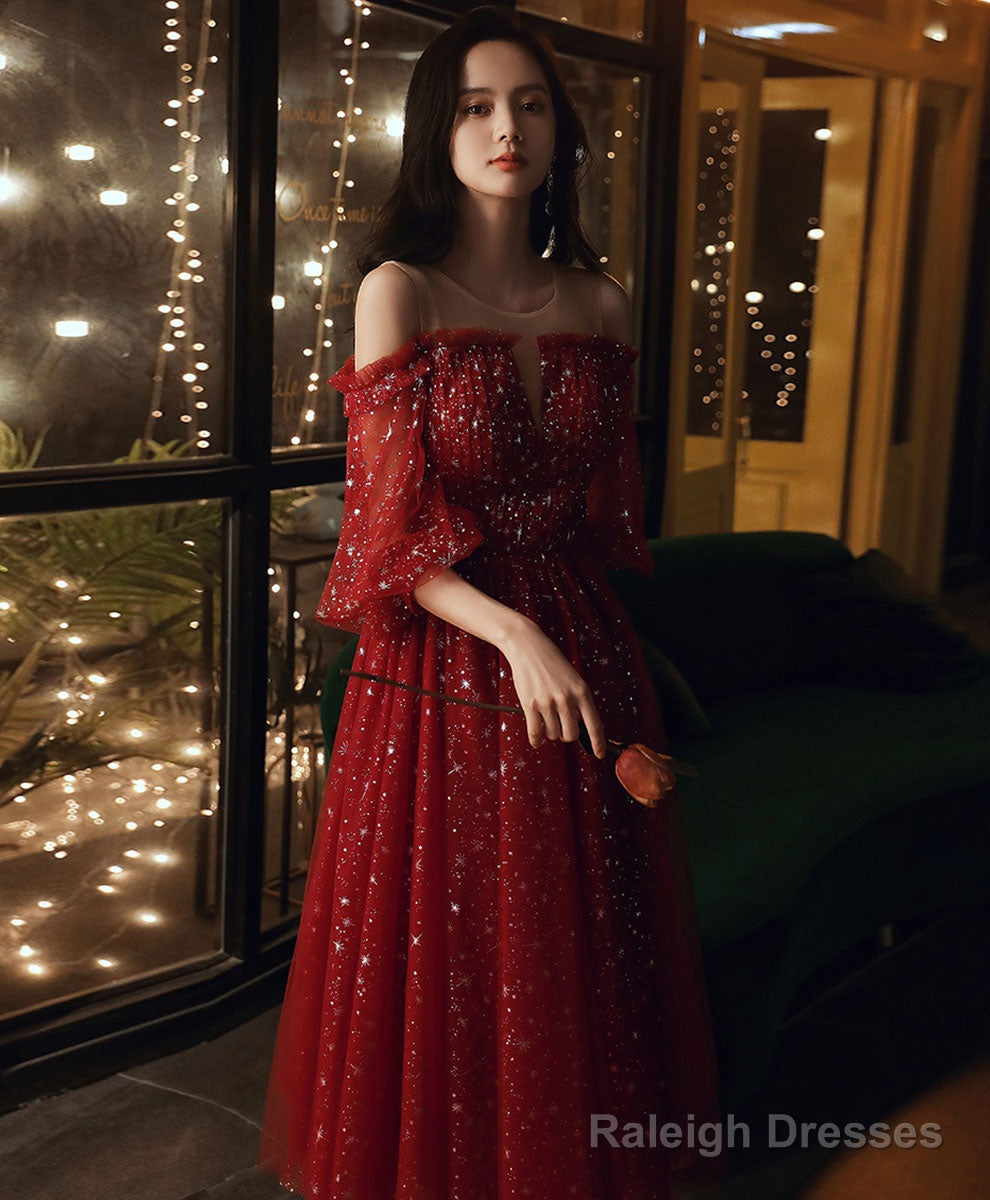 Burgundy Tulle Sequin Short Prom Dress Burgundy Formal Dress