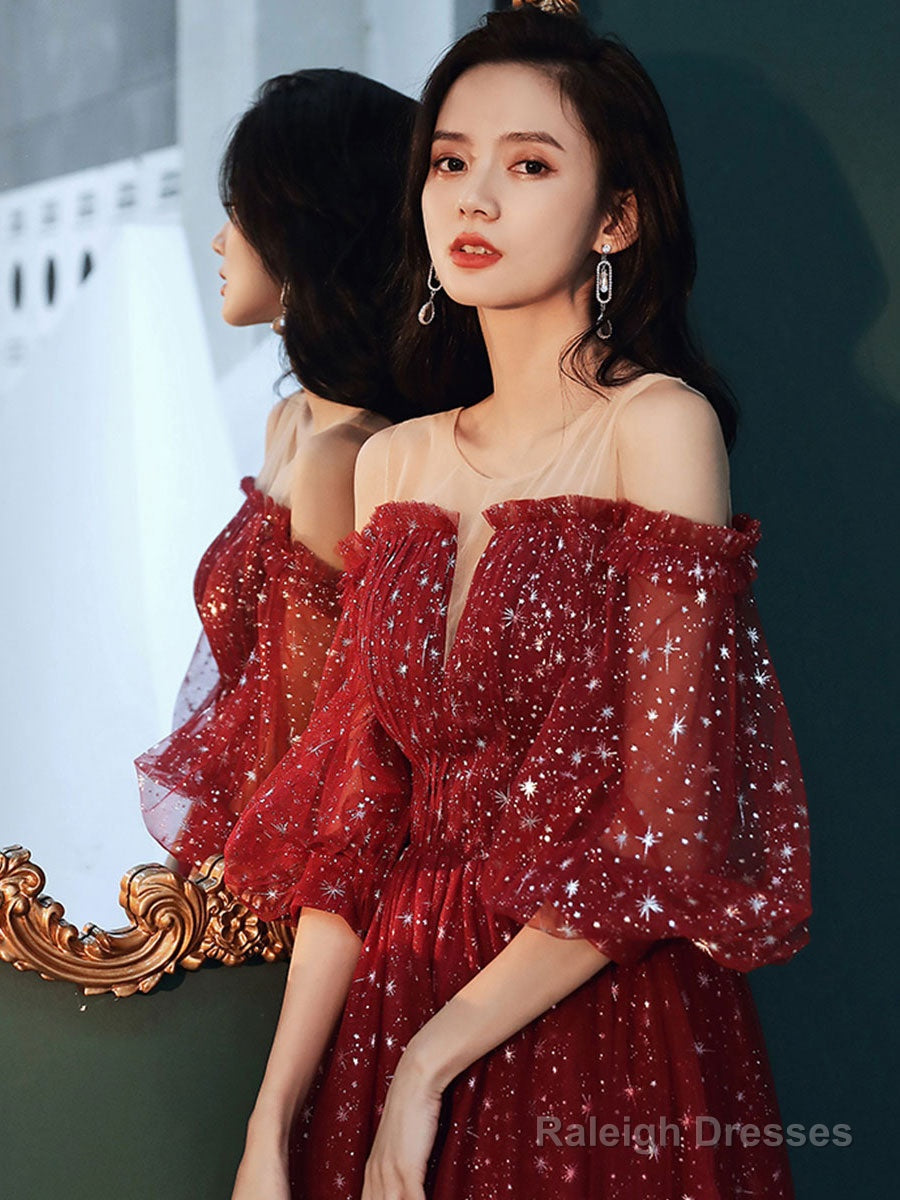 Burgundy Tulle Sequin Short Prom Dress Burgundy Formal Dress Main image