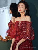 Burgundy Tulle Sequin Short Prom Dress Burgundy Formal Dress