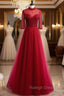 Burgundy Tulle Sequins Backless Short Sleeve Prom Dress