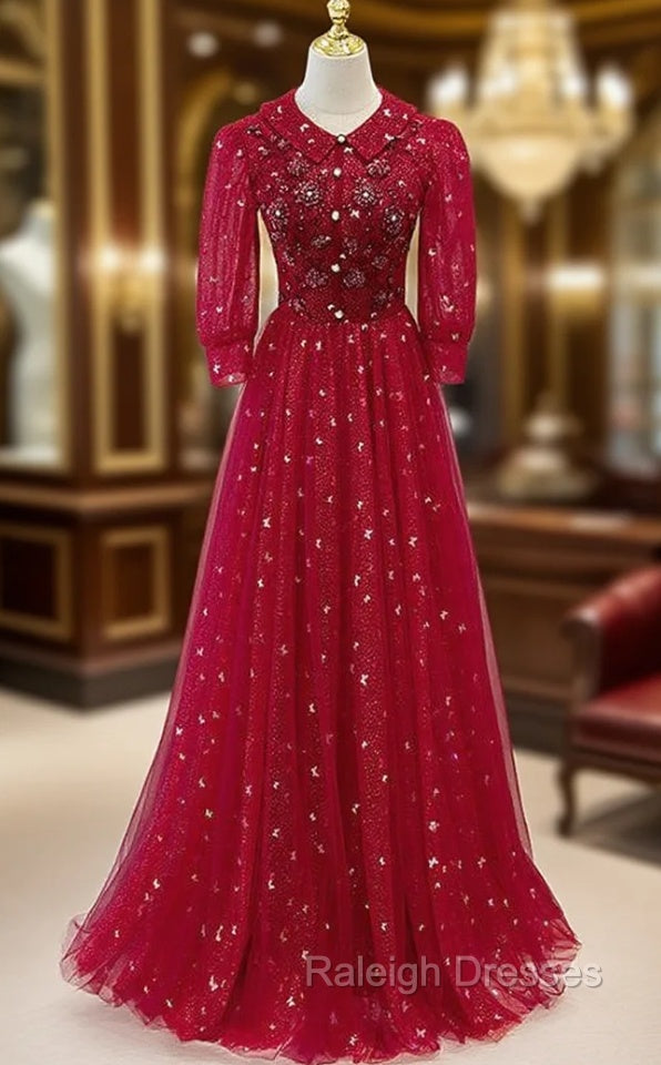 Burgundy Tulle Sequins Beading Short Sleeve Prom Dress