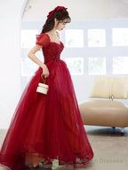 Burgundy Tulle Sequins Long Prom Dress, A-Line Scoop Neckline Evening Party Dress