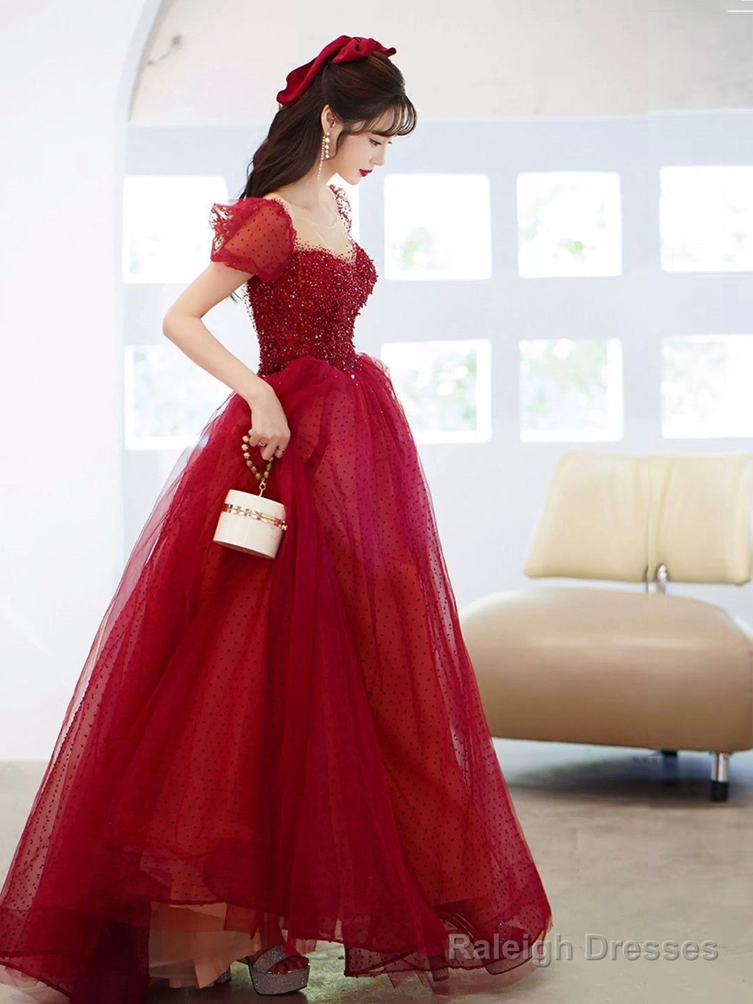 Burgundy Tulle Sequins Long Prom Dress, A-Line Scoop Neckline Evening Party Dress