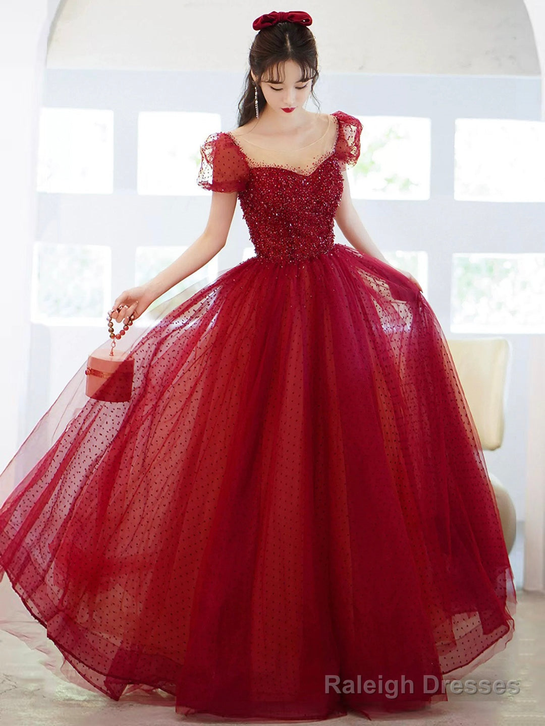 Burgundy Tulle Sequins Long Prom Dress, A-Line Scoop Neckline Evening Party Dress