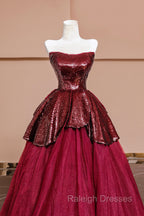 Burgundy Tulle Sequins Long Prom Dress, A-Line Strapless Evening Party Dress