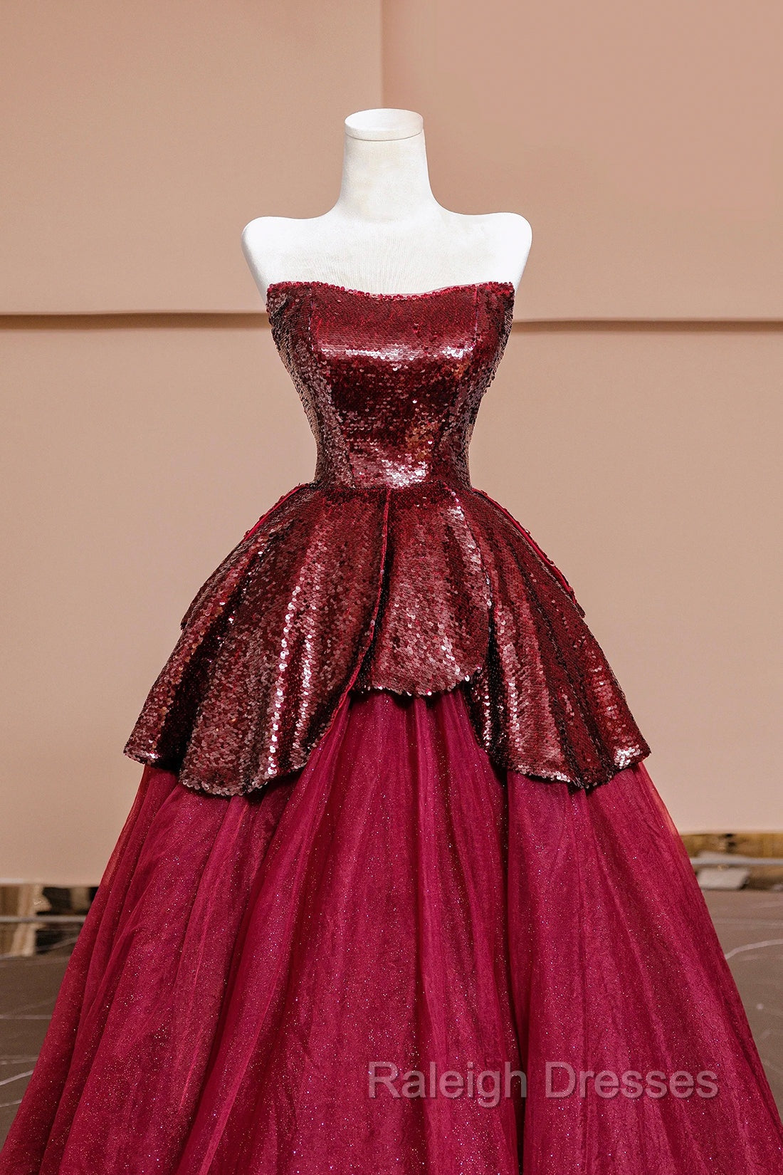 Burgundy Tulle Sequins Long Prom Dress, A-Line Strapless Evening Party Dress
