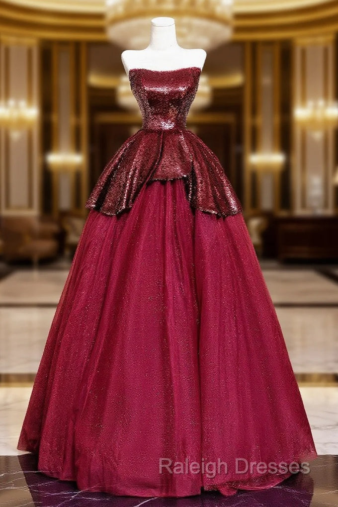 Burgundy Tulle Sequins Long Prom Dress, A-Line Strapless Evening Party Dress