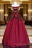 Burgundy Tulle Sequins Long Prom Dress, A-Line Strapless Evening Party Dress