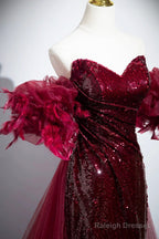 Burgundy Tulle Sequins Long Prom Dress, Burgundy Evening Party Dress