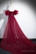 Burgundy Tulle Sequins Long Prom Dress, Burgundy Evening Party Dress