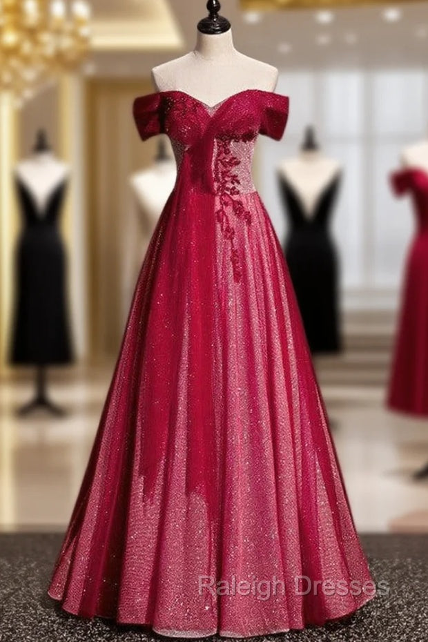 Burgundy Tulle Sequins Off the Shoulder Beading Pleats Prom Dress Main image