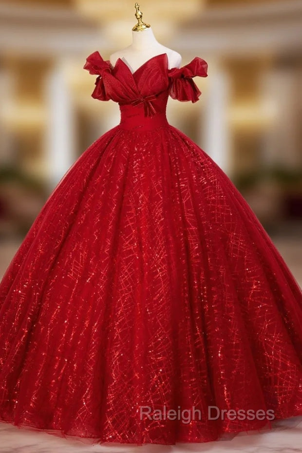 Burgundy Tulle Sequins Off the Shoulder Beading Quinceanera Dress Main image