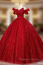 Burgundy Tulle Sequins Off the Shoulder Beading Quinceanera Dress
