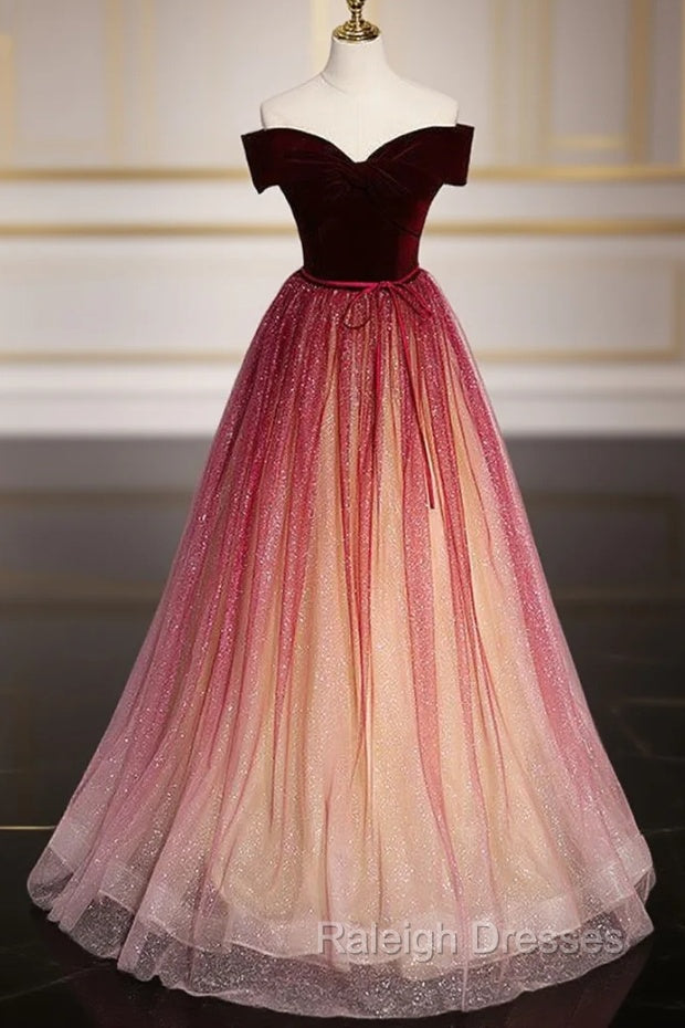 Burgundy Tulle Sequins Off the Shoulder Prom Dress