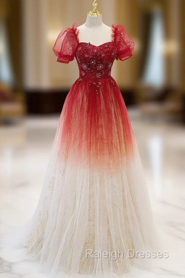 Burgundy Tulle Sequins Short Sleeve Square Beading Prom Dress Main image