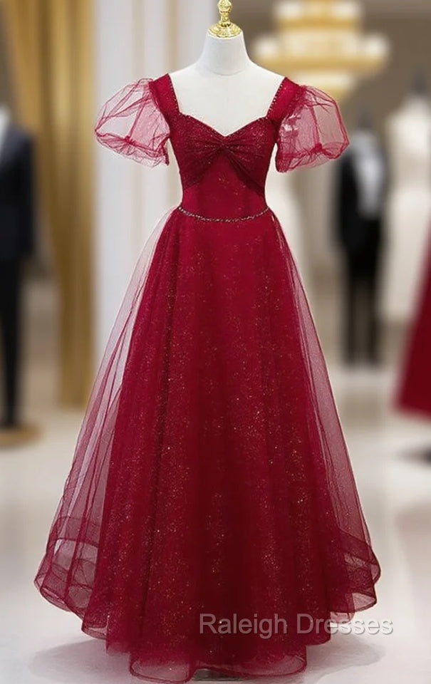 Burgundy Tulle Sequins Square Beading Prom Dress