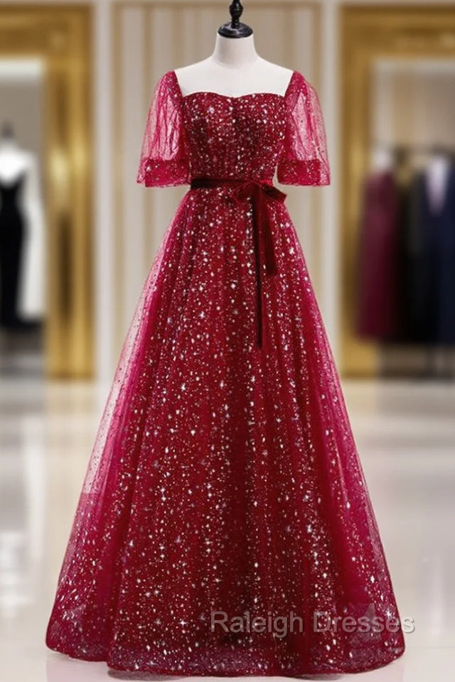 Burgundy Tulle Sequins Square Short Sleeve Prom Dresses Main image