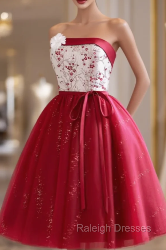 Burgundy Tulle Sequins Strapless Homecoming Dress