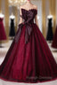 Burgundy Tulle Sequins Strapless Pleats Prom Dress