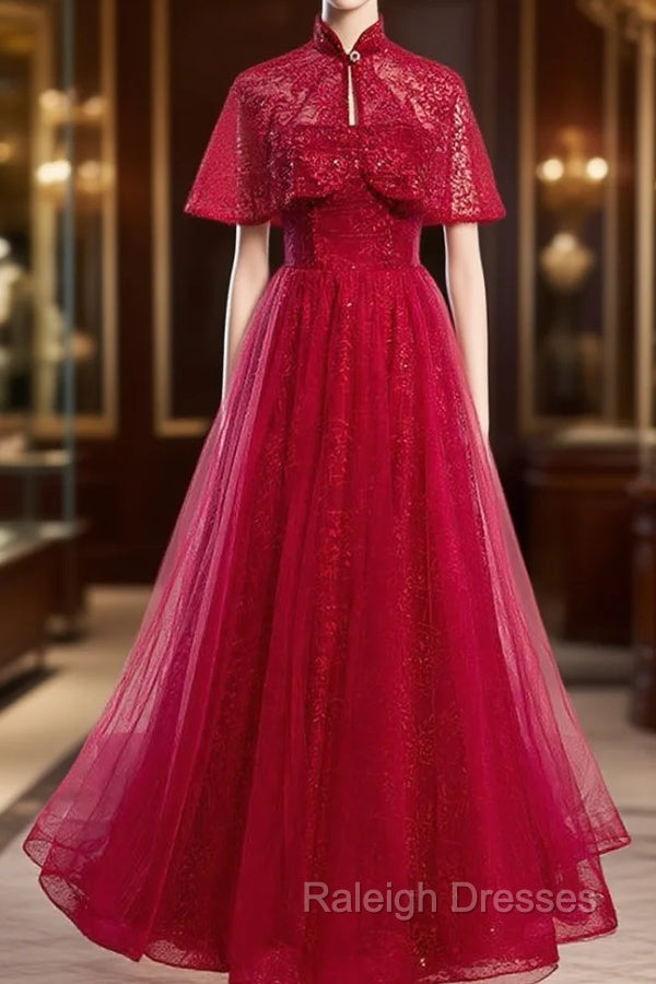 Burgundy Tulle Sequins Strapless Prom Dress With Shawl