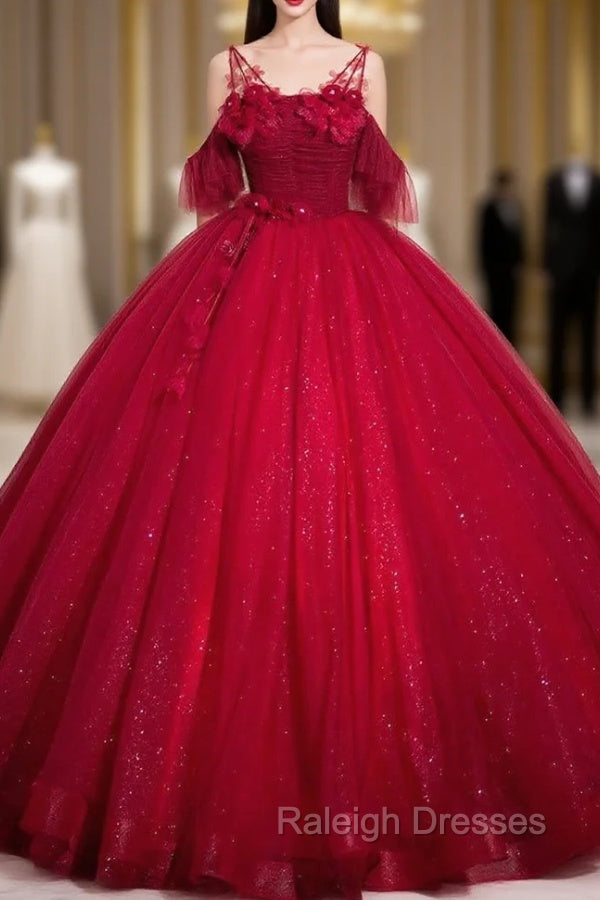 Burgundy Tulle Sequins Straps Flower Quinceanera Dress Main image