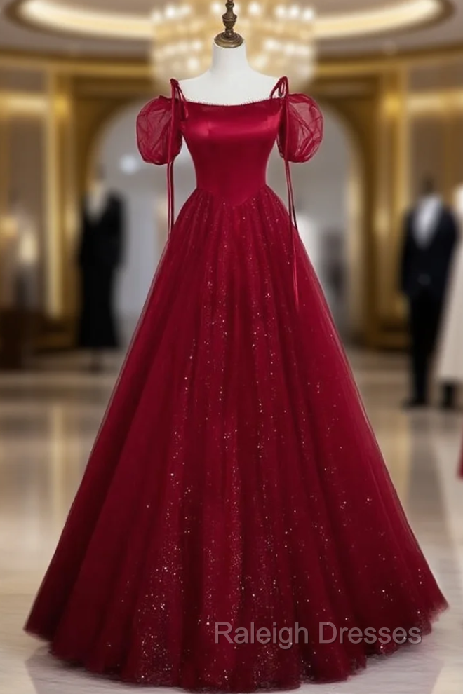 Burgundy Tulle Sequins Straps Puff Sleeve Prom Dress Main image
