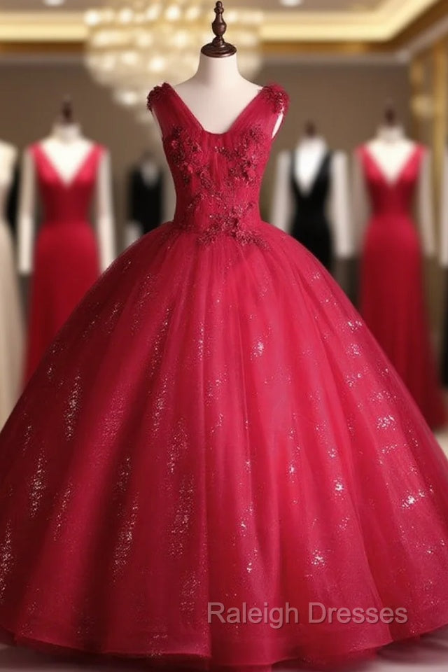 Burgundy Tulle Sequins V-neck Appliques Beading Quinceanera Dress Main image