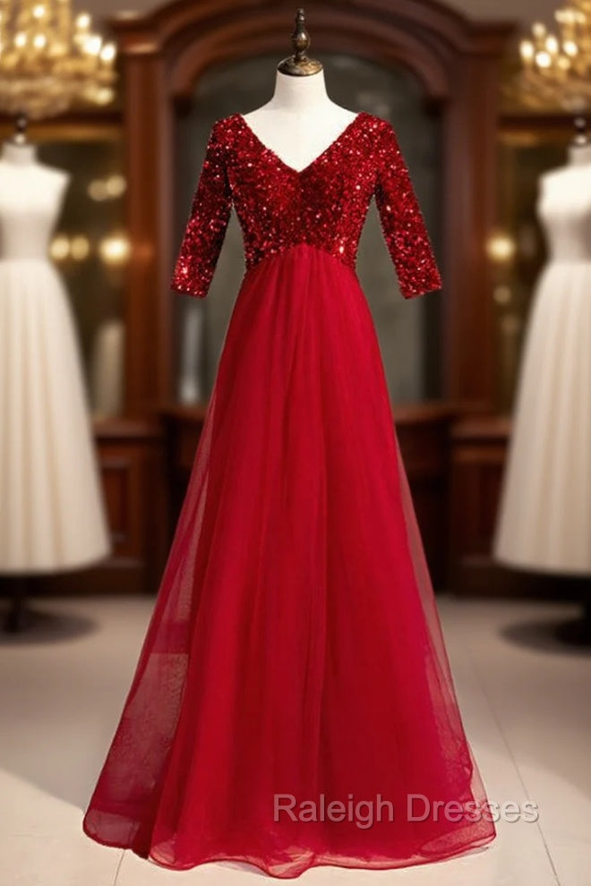 Burgundy Tulle Sequins V Neck Short Sleeve Prom Dress