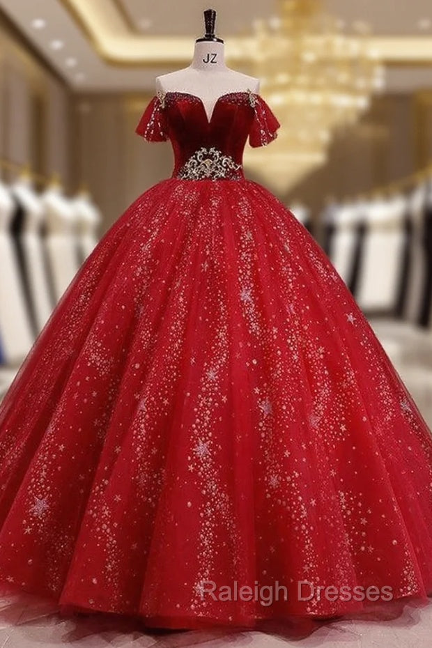 Burgundy Tulle Sequins Velvet Off the Shoulder Quinceanera Dress Main image