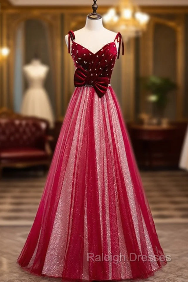 Burgundy Tulle Sequins Velvet V-neck Beading Prom Dress