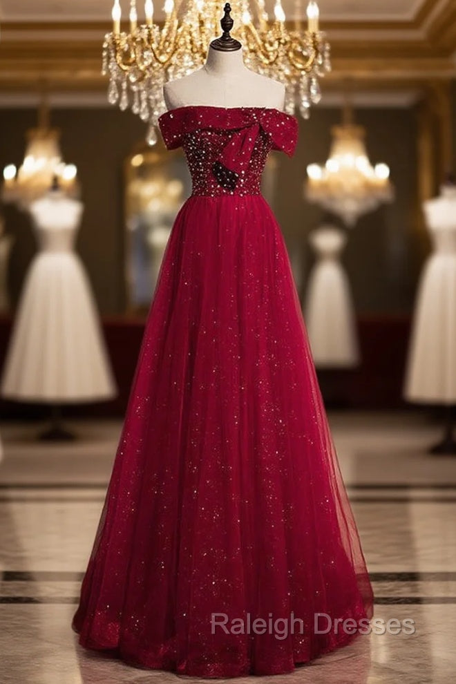Burgundy Tulle Seuqins Beading Off the Shoulder Prom Dress