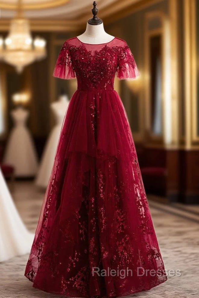 Burgundy Tulle Seuqins Short Sleeve Beading Prom Dress Main image