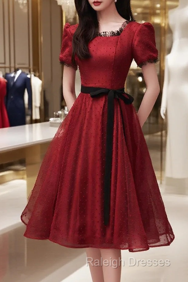 Burgundy Tulle Short A Line Dress Homecoming Dress