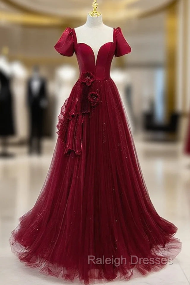 Burgundy Tulle Short Sleeve Backless Pleats Prom Dress Main image