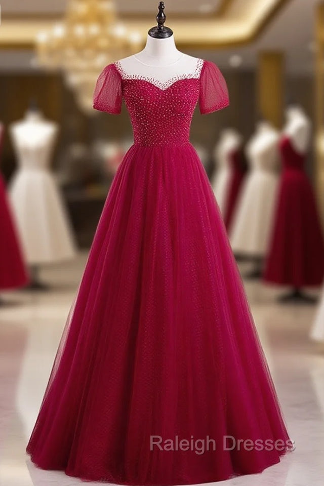 Burgundy Tulle Short Sleeve Scoop Neck Prom Dress Main image
