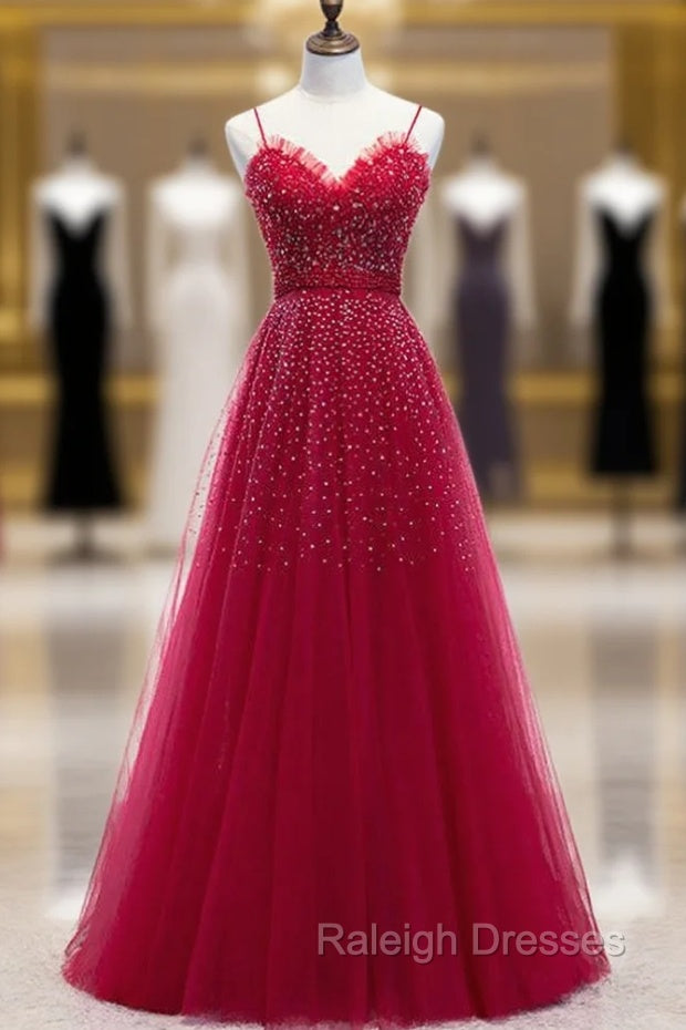 Burgundy Tulle Spagehtti Straps Beading Prom Dress Main image
