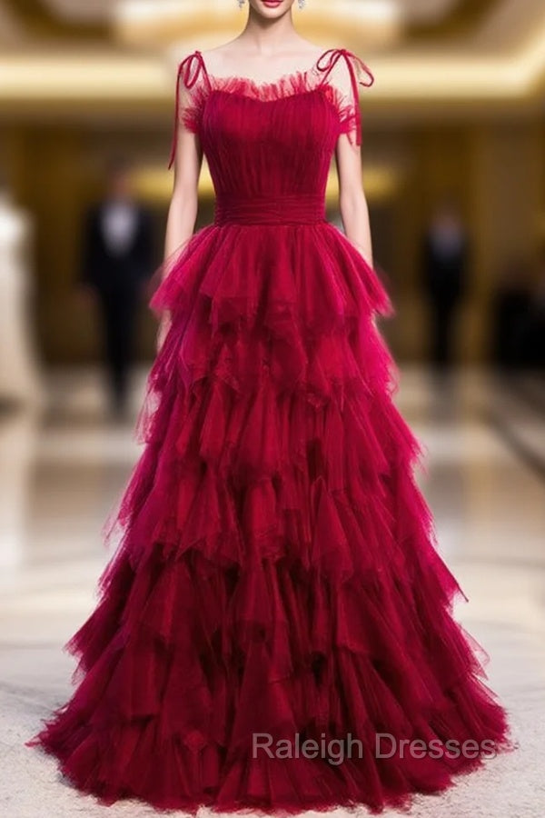 Burgundy Tulle Spagehtti Straps Pleats Tiers Prom Dress Main image