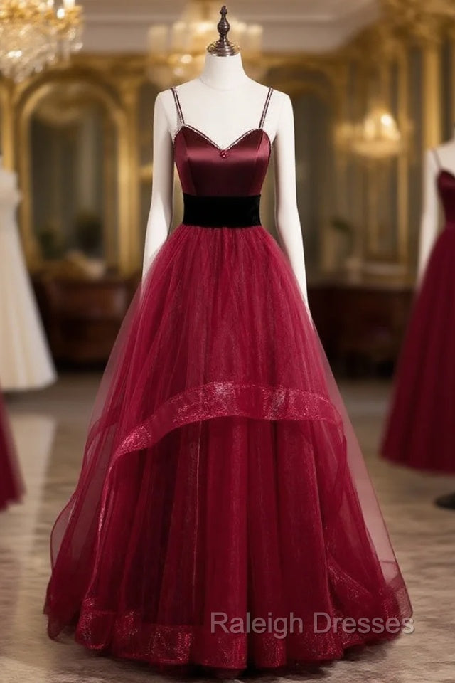 Burgundy Tulle Spaghetti Straps Backless Prom Dress Main image