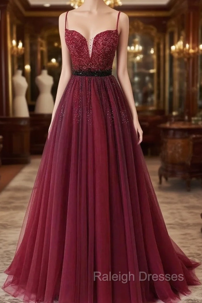 Burgundy Tulle Spaghetti Straps Beaded Prom Dress
