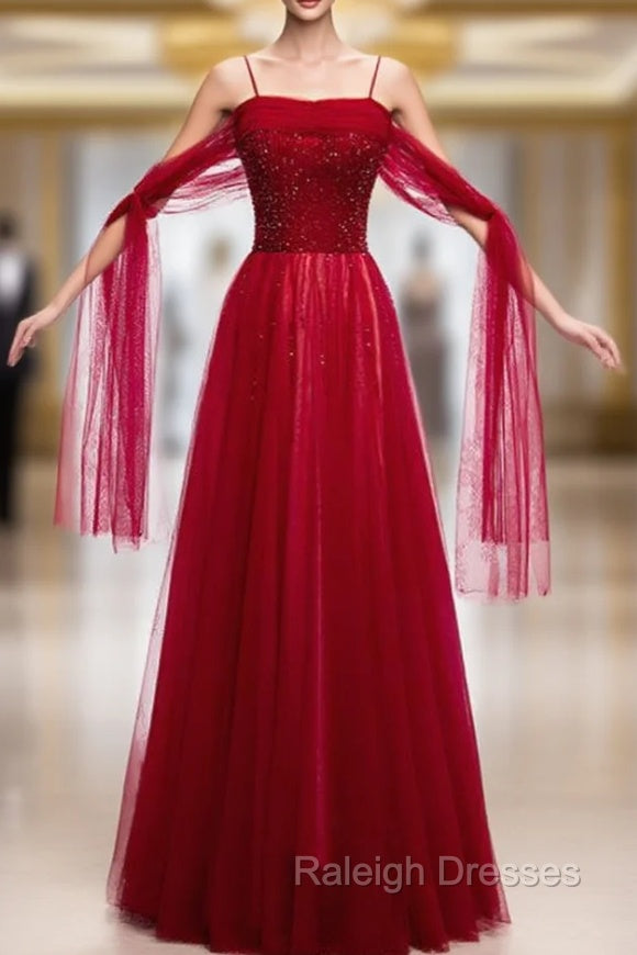 Burgundy Tulle Spaghetti Straps Beading Sequins Prom Dress