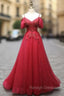 Burgundy Tulle Spaghetti Straps Lace Beading Prom Dress