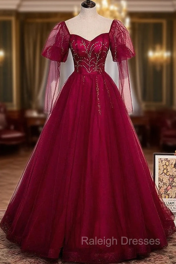 Burgundy Tulle Square Long Sleeve Beading Prom Dress